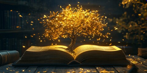 Obraz premium A vibrant tree emerging from a book, symbolizing the growth of knowledge and the power of education. Perfect for academic and inspirational content.