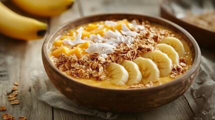 A refreshing fruit smoothie bowl topped with granola, sliced fruits, and coconut flakes, beautifully arranged on a wooden table, perfect for a healthy breakfast.