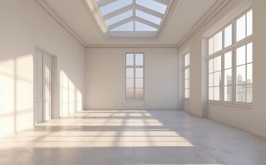 Bright and Airy Empty Room with Large Windows and Skylight Showcasing Natural Light in a Modern Interior Design Space Ideal for Creative Projects