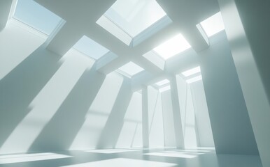 Obraz premium Bright Minimalist Interior Space with Geometric Shadows and Natural Light Filtering Through Skylights for Modern Architectural Inspiration