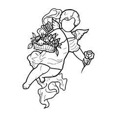 hand drawn vector illustration of a cartoon angel holding flowers