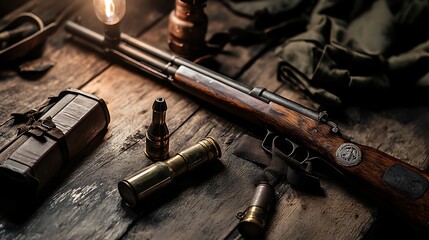 Military weapon lies on the table and the torch near the table