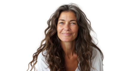 A smiling middle-aged woman with long, flowing hair, radiating warmth and confidence. Perfect for promoting positivity and well-being in various contexts.