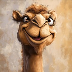 Charming Camel Portrait with a Gentle Smile and Whimsical Cartoon Style Illustration