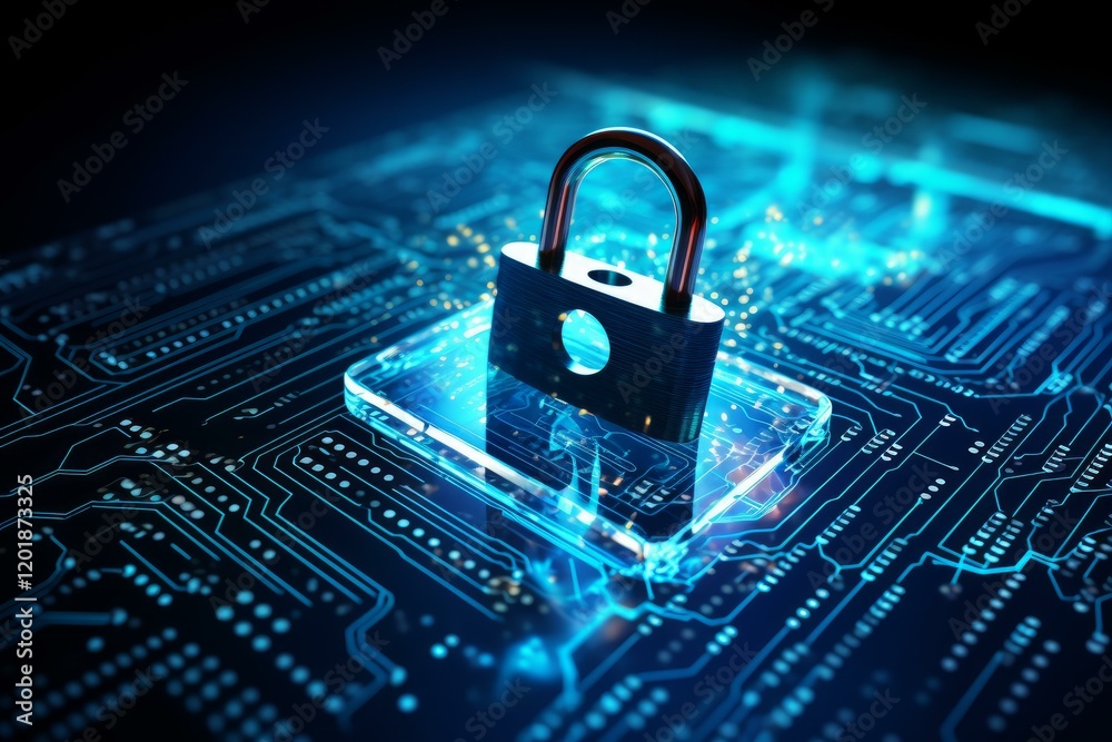 Poster closed padlock standing on circuit board is securing data and preventing cyber attacks