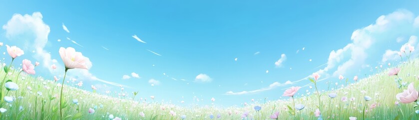 Vibrant field of flowers under brilliant blue sky breathtaking landscape