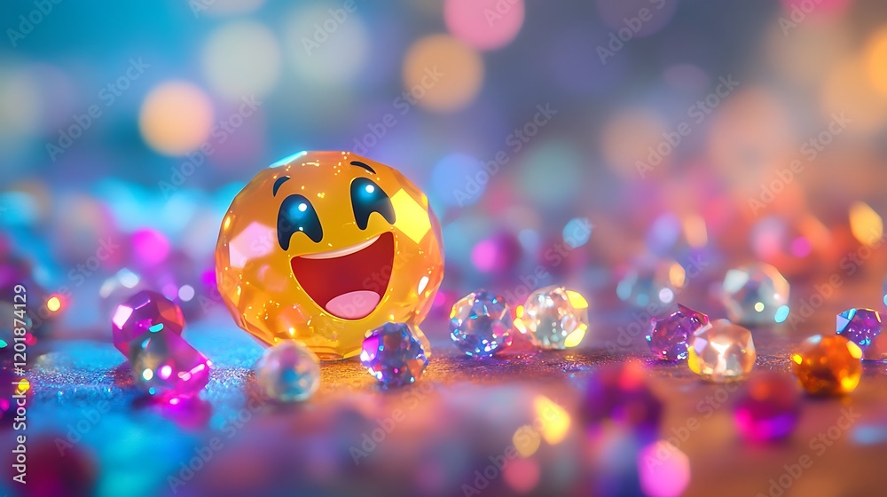Wall mural mischievous emoji popping out of a sparkling gems isolated on a colorful background