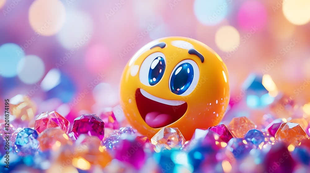 Wall mural mischievous emoji popping out of a sparkling gems isolated on a colorful background