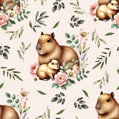Seamless pattern of capybara mother and baby around wildflowers and leaves watercolor illustration on beige background. Perfect for kids fabric design and nursery wallpaper decor © Natali