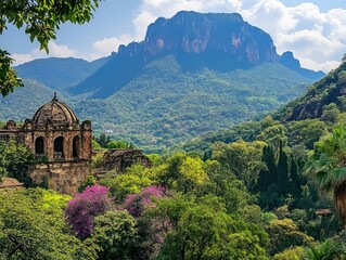 Naklejka premium Ancient stone structure nestled within vibrant green forest under towering mountain landscape