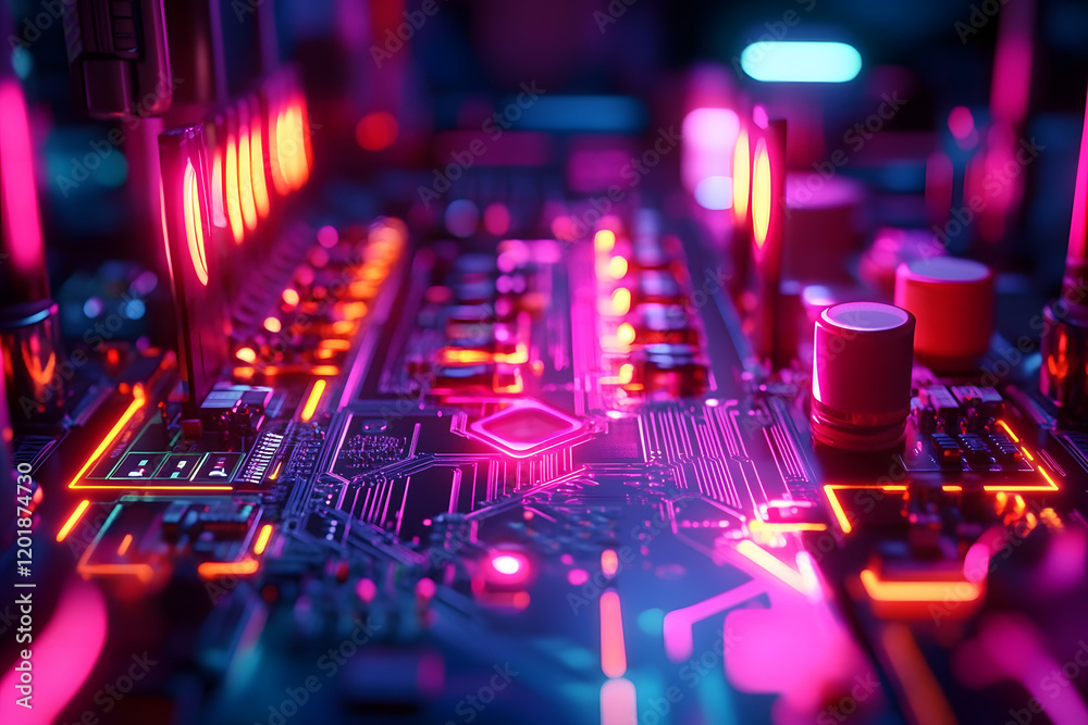 Poster glowing circuit a glowing circuit board with a retro futuristic
