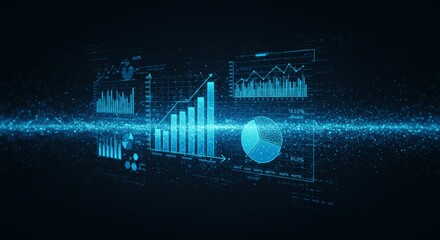 Data analytics visualization with futuristic glowing graphs and charts emphasizing financial performance and trend forecasting in high-tech environment