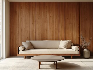 Modern minimalist interior design of a residential living room with wood-finished walls and sofas and tables. Generative AI
