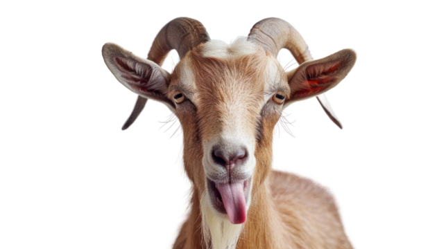 A playful goat with horns and a cheeky expression sticks out its tongue, showcasing its fun personality. Perfect for animal lovers and farms.
