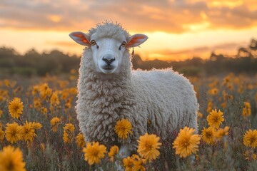 Fototapeta premium Serene Sheep in Meadow During Vibrant Sunset for Nature-Themed Posters