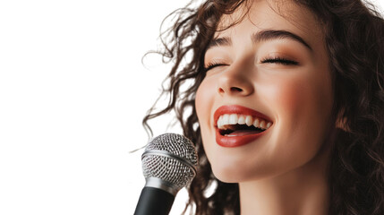 A joyful woman with curly hair sings into a microphone, radiating happiness and passion for music, perfect for capturing the essence of performance art.