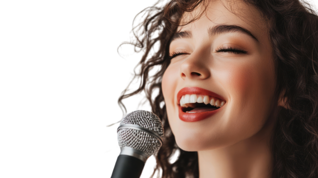 A joyful woman with curly hair sings into a microphone, radiating happiness and passion for music, perfect for capturing the essence of performance art.