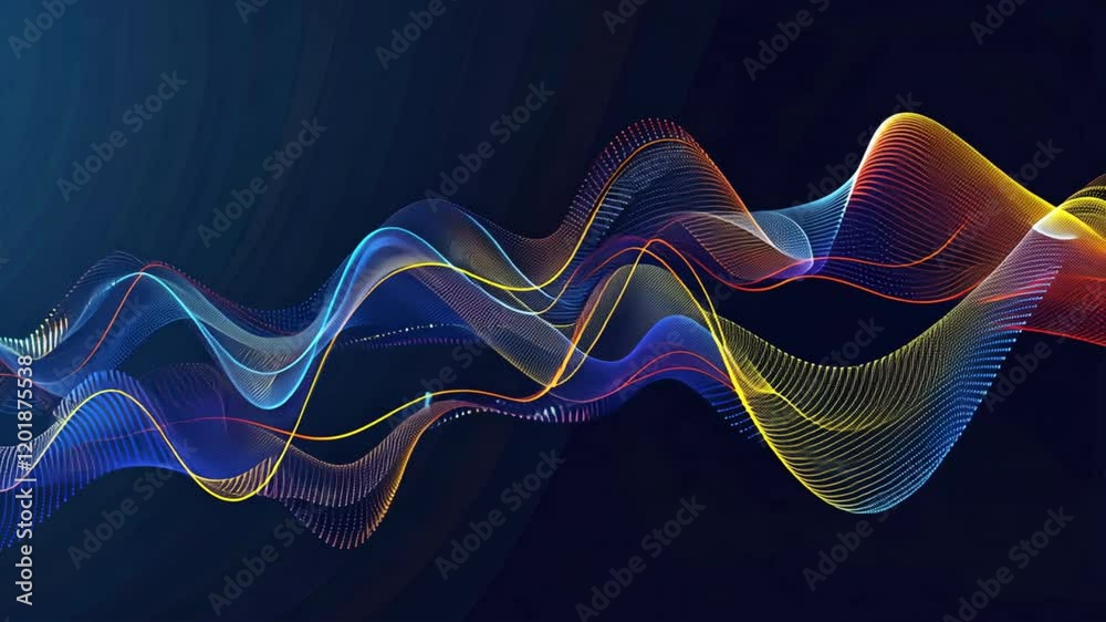 Poster vibrant abstract wave patterns in colorful blue, yellow, and red lines create dynamic visual effect,