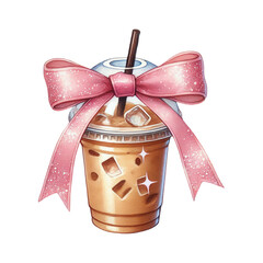 A delightful iced coffee in a cup decorated with a sparkling pink bow, adding charm to your refreshment.