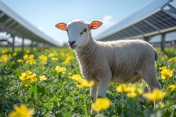 Fototapeta premium Sustainable Agriculture: Sheep Grazing in Solar Farm with Flowers