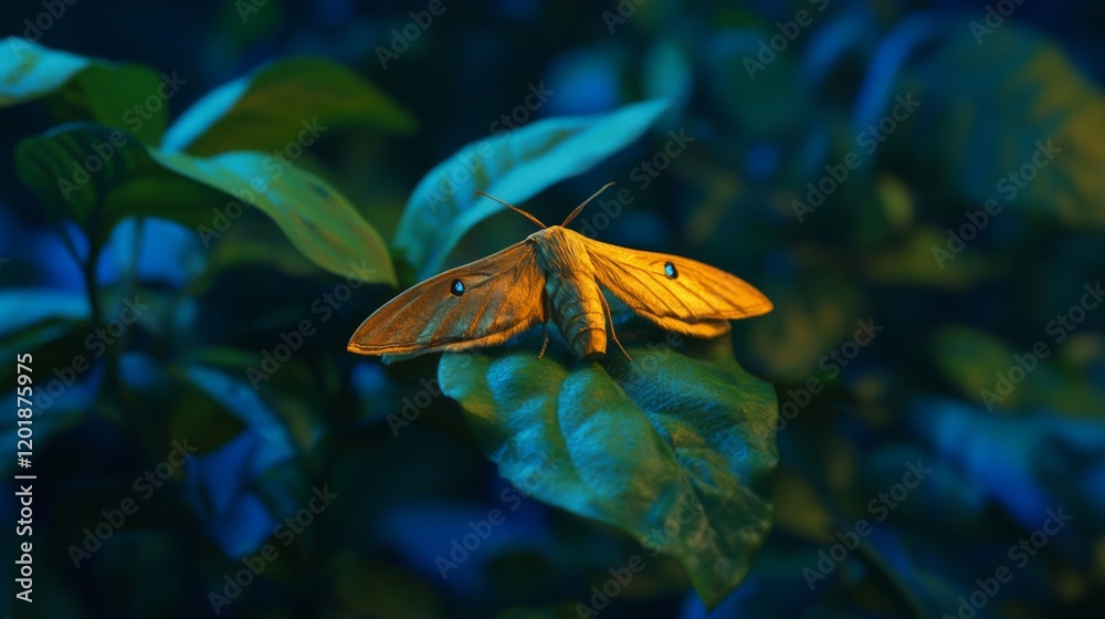 Poster a serene garden setting featuring a moth resting on a leaf at dusk, capturing the calm atmosphere an