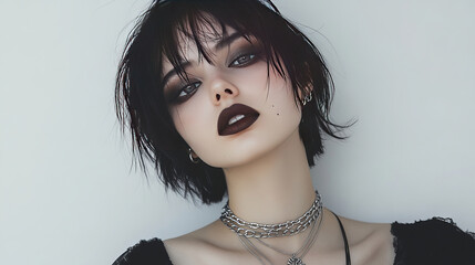 Girl with Short Black Hair, Dark Makeup, and Silver Necklace on a Plain White Background: A Bold and Chic Look