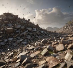 A swarm of midges and mosquitoes hover above a putrid garbage heap , buzzing, putrid
