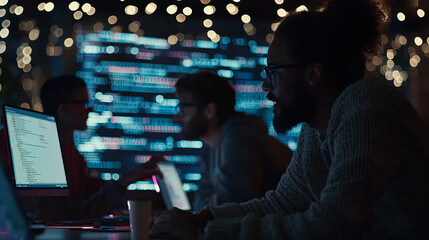 Fototapeta premium Focused programmers collaborate in a dimly lit workspace with vibrant screens and holiday lights during late-night coding sessions