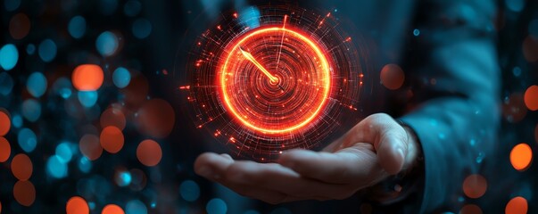Business executive holding a glowing digital target with an arrow