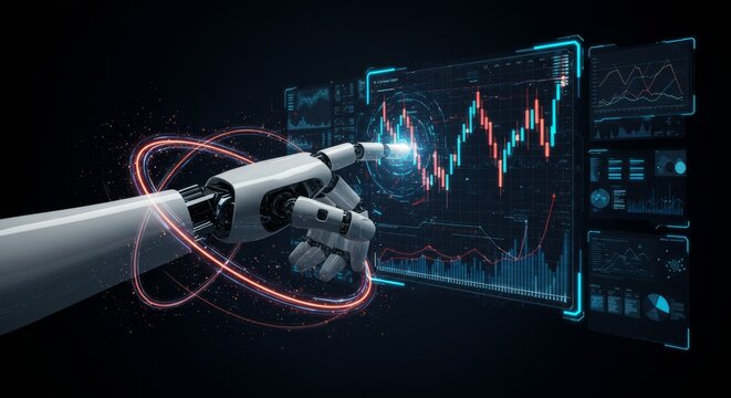 AI enabled trading system with robotic interaction for market prediction and futuristic graph interface in finance technology concept for algorithmic optimization and automated stock market