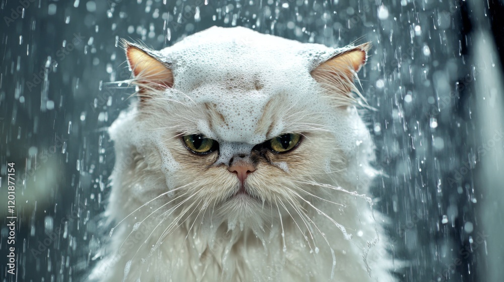 Aufkleber a slightly grumpy-looking cat being gently rinsed off under a showerhead, with water splashing and s