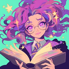 Girl With Purple Hair Reading a Spell Book in Front of Stars and Green Background Illustration
