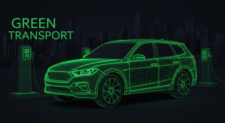 Green transport concept featuring eco-friendly electric SUV in wireframe design with futuristic charging station for sustainable urban mobility