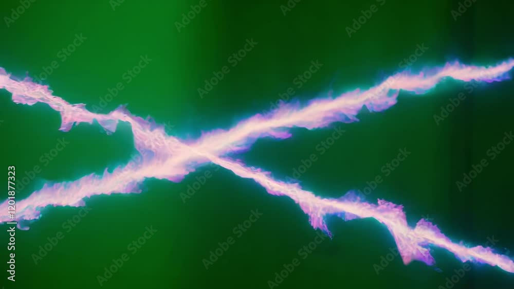 Poster intersecting glowing plasma trails weaving across vivid green screen, revealing dynamic energy patte