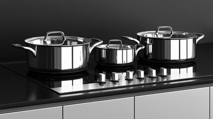 A clean stovetop with a set of shiny stainless steel pots and pans