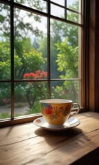 A tea cup on a wooden table with a window view, gentle warmth, peaceful ambiance, serenity