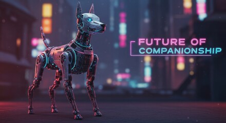 Robotic dog in a futuristic cityscape showcasing advanced AI capabilities and futuristic companionship technology under neon light