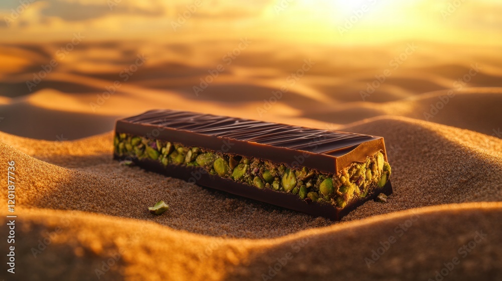 Poster chocolate bar with pistachio paste filling resting on golden sand at sunset. generative ai