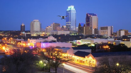 Fototapeta premium Drone Over Cityscape at Dusk Aerial View of Vibrant Urban Skyline with Illuminated Buildings