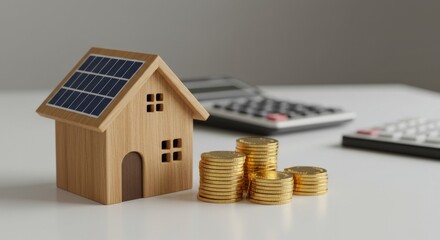 Wooden house model with solar panel on roof and stacked coins symbolizing renewable energy efficiency and sustainable investment concept for eco-friendly home