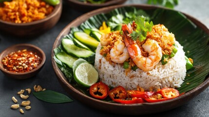 Image of rice and Indonesian nasi goreng with shrimp and vegetables in a traditional Indonesian plate, emphasizing savory and aromatic qualities. Ideal for Indonesian cuisine and street food.