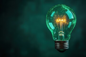 Glowing lightbulb with green particles inside against dark background.