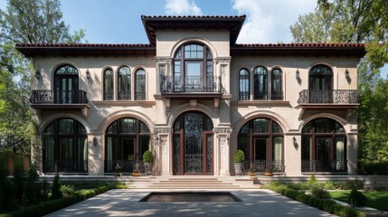 Obraz premium A stunning facade of a European villa featuring elegant architecture, large arched windows, and wrought-iron balconies, set against a backdrop of a serene landscape.