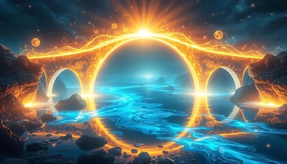 Obraz premium Magical Glowing Bridge Fantasy Landscape Artwork