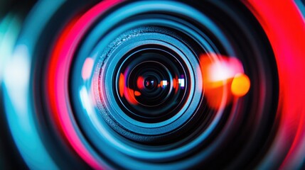 Close-up shot of a video camera lens, showcasing intricate details such as glass elements