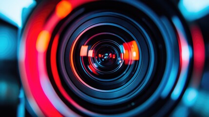 Close-up shot of a video camera lens, showcasing intricate details such as glass elements
