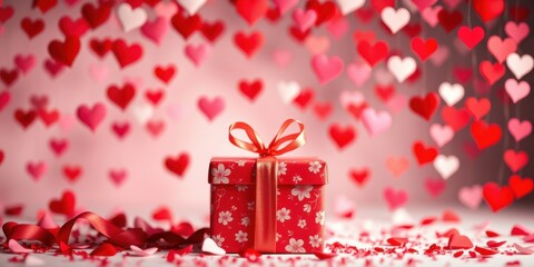 A romantic red gift box with a delicate bow sits amidst scattered heart confetti, symbolizing the joy and love of a special occasion.