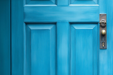 Rusty metal handle on old blue wooden door with antique iron details