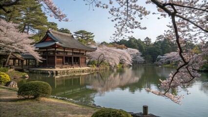 Naklejka premium A tranquil pond surrounded by cherry blossom trees in front of a serene Shinto shrine creating a sense of stillness and calm, cherry blossoms, peaceful, flowers, gardens