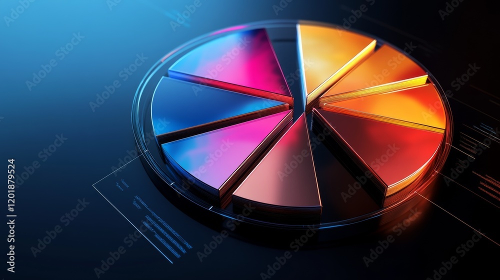 Fototapete a top-down view of a d pie chart representing different financial sectors, with shiny, metallic segm